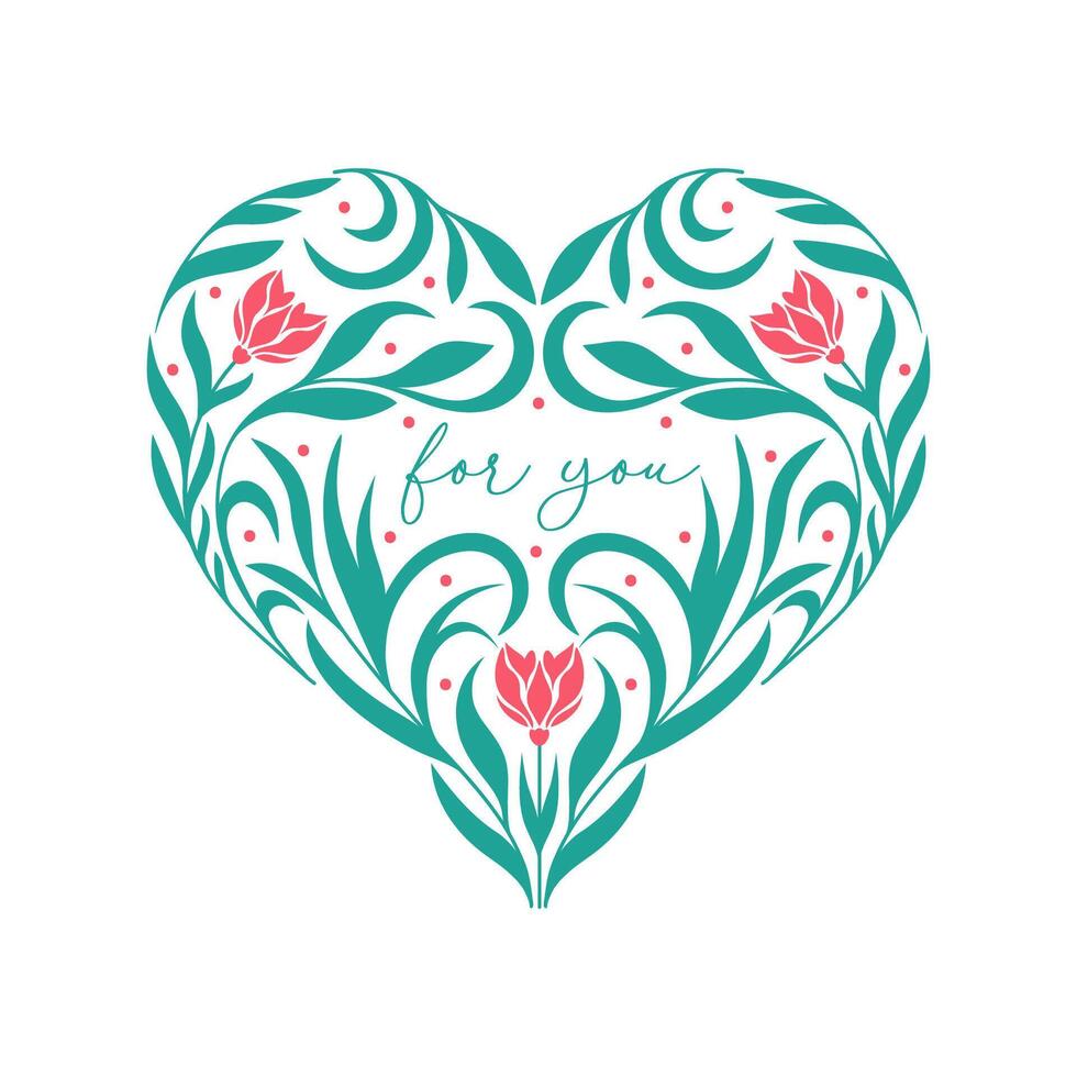Floral heart on white background with copy space for text. Valentine's Day greeting card. vector
