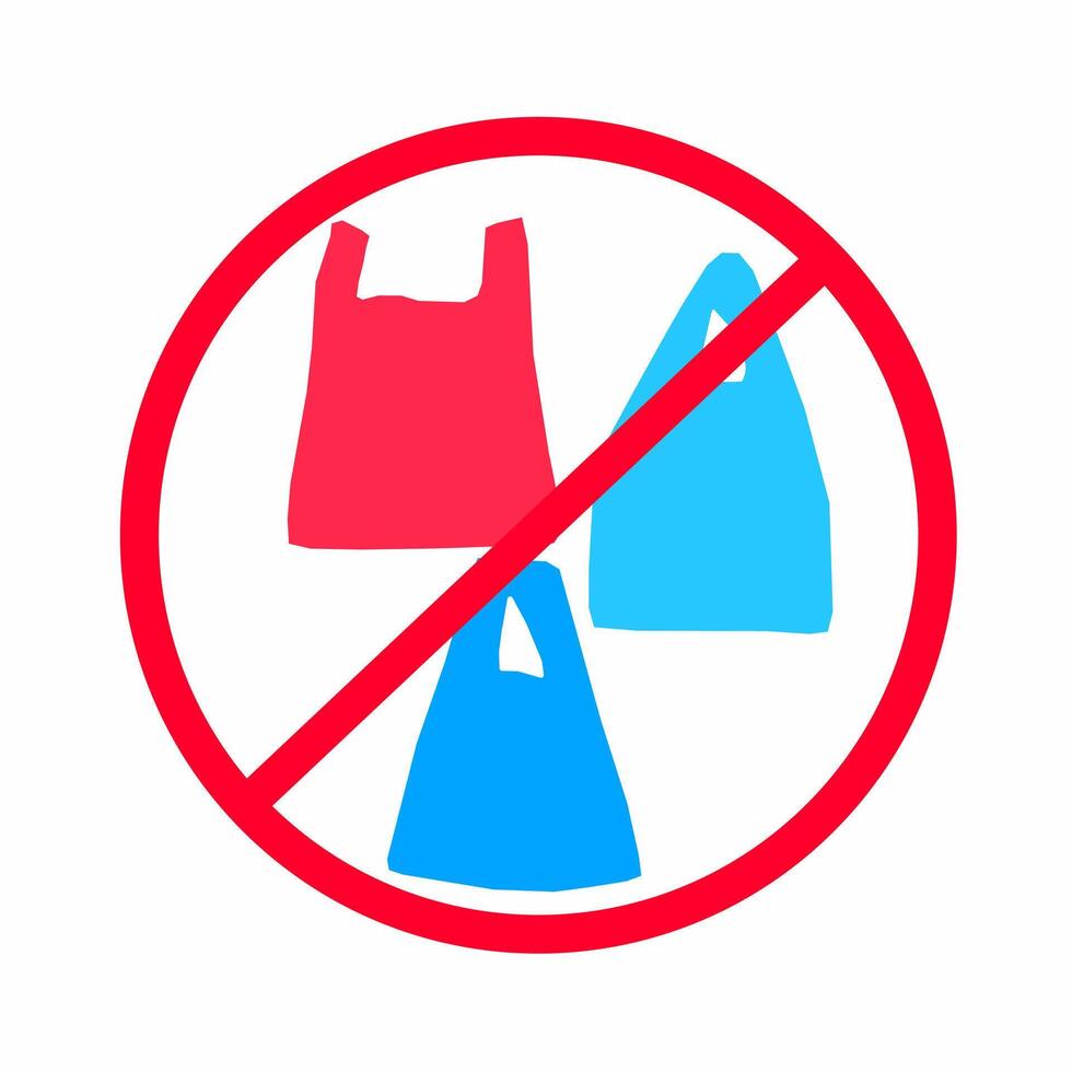 illustration of plastic bag with red circle isolated on white background. Pollution problem concept. Say no to plastic bags. Do not use plastic bags. vector