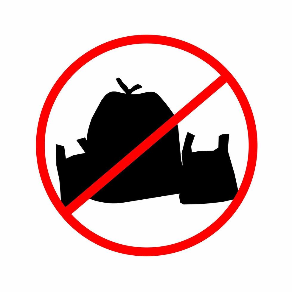 Plastic bag silhouette with red circle isolated on white background. Pollution problem concept. Say no to plastic bags. Do not use plastic bags. vector