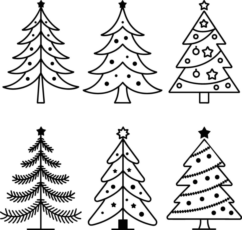 Set of 6 Unique Christmas Tree Line Art Illustrations vector