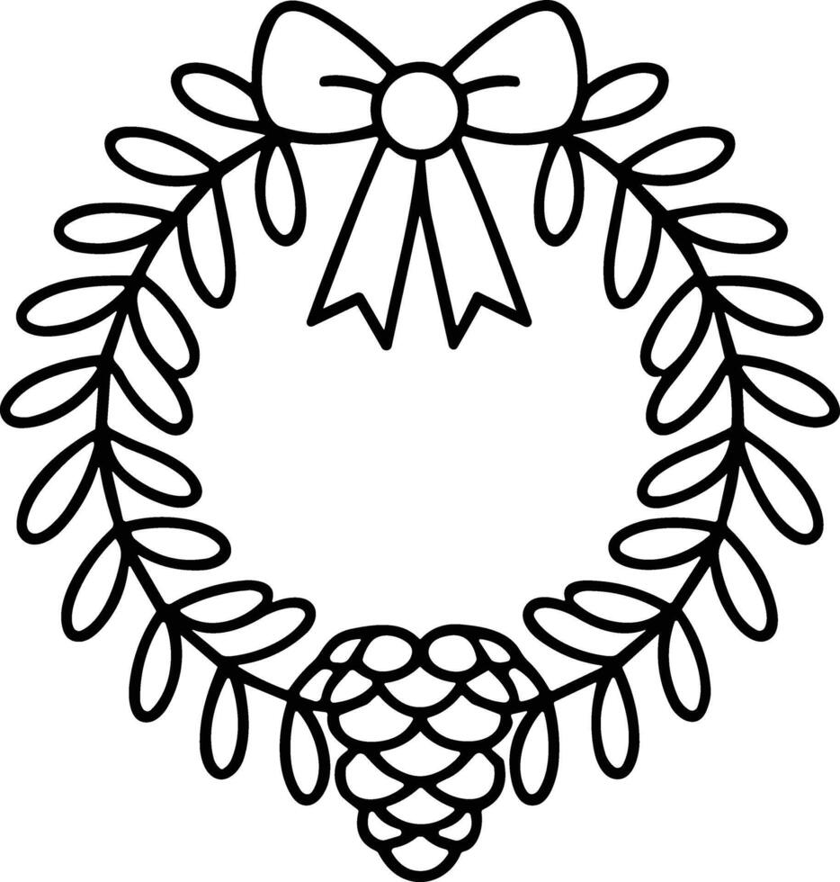 Pinecone Christmas Wreath Line Art - Festive with Bow and Leaves vector