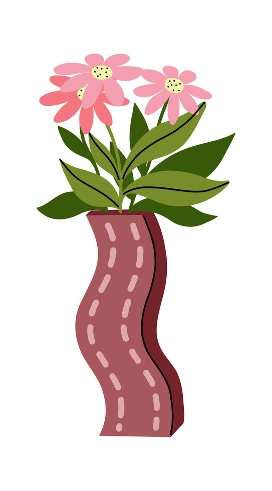 Hand drawn flat illustration of a long curvy abstract vase with delicate pink flowers and green leaves. Modern minimalist composition, isolated on a white background vector