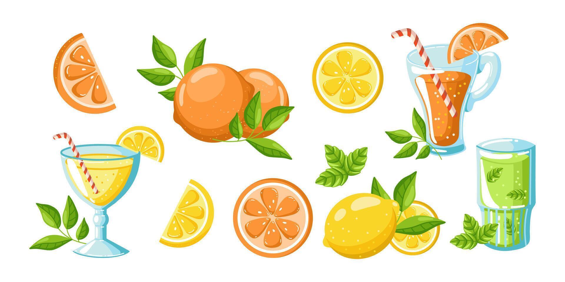 Hand drawn flat illustration featuring a colorful set of isolated citrus fruits, whole and sliced lemons and oranges with green leaves and fruity summer drinks. vector