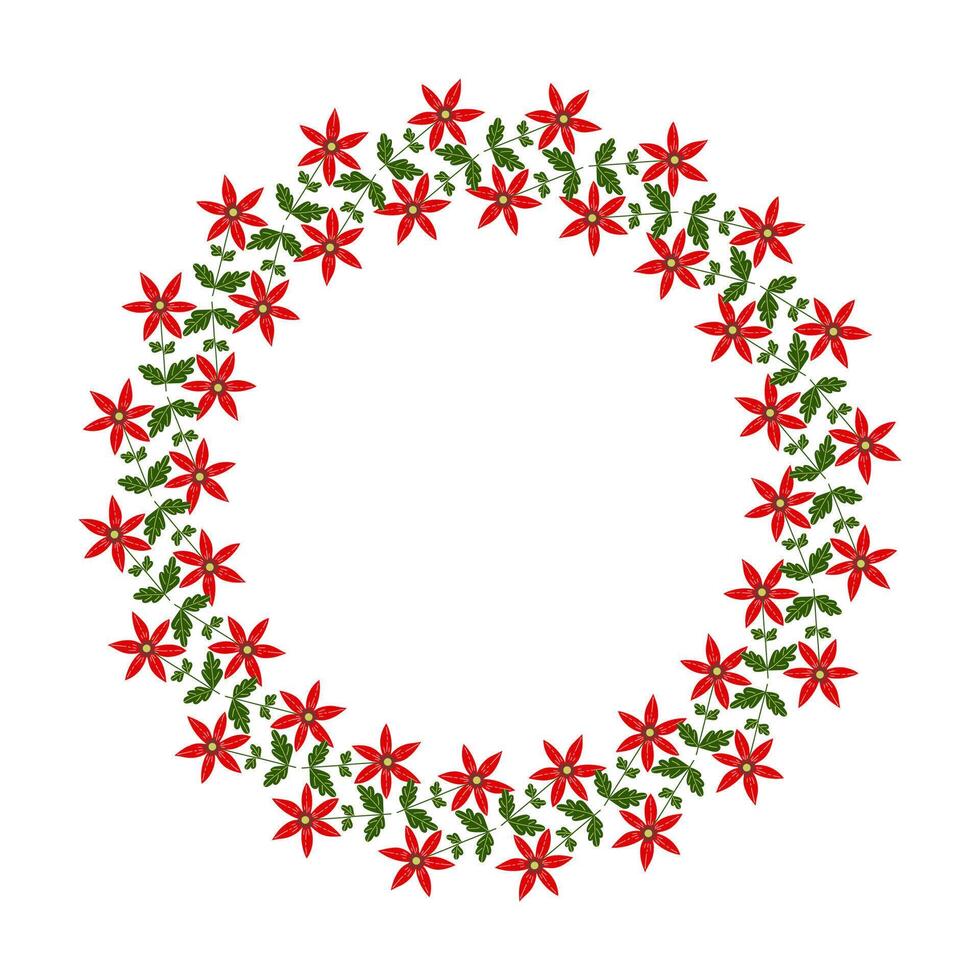 Isolated circular wreath of abstract red flowers and green leaves on a white background. vector