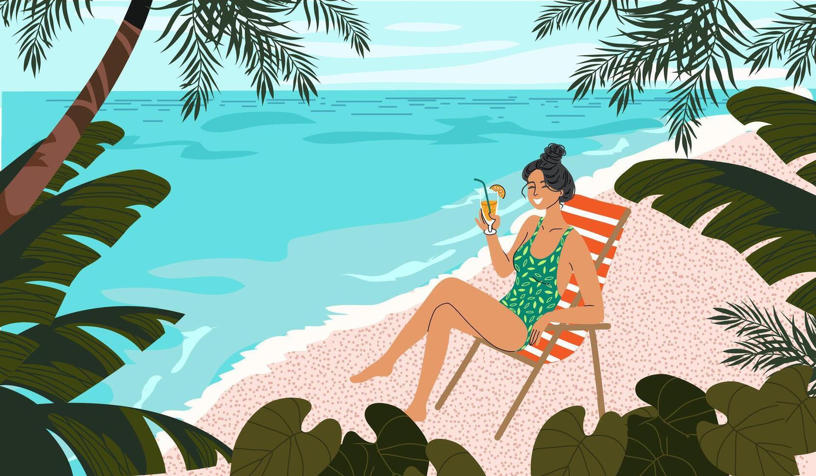 Concept of a woman in a lounge chair holding a cocktail under palm trees by the sea, in flat design style. vector