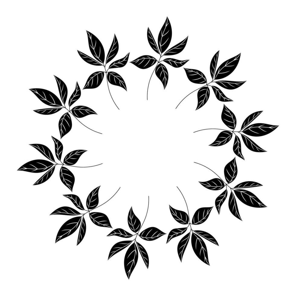 Isolated round wreath composed of abstract black leaves featuring white veins, designed in a modern minimal flat style on white background. vector
