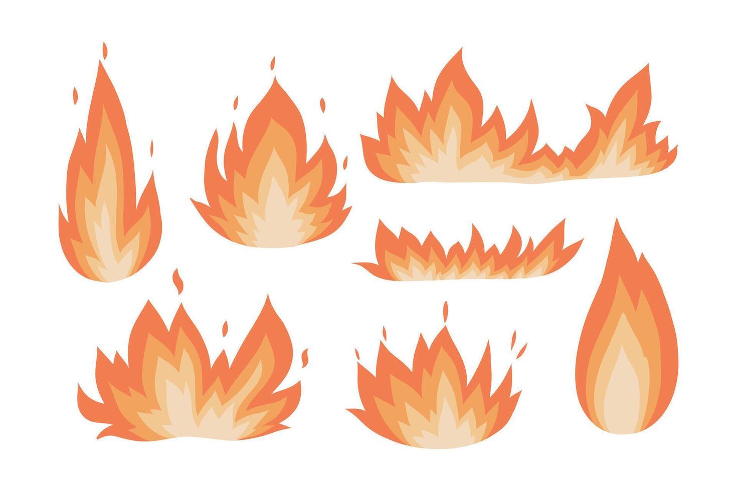 Flat illustration featuring a set of colorful hand drawn fire and flame elements in various shapes and sizes. Bright stylized icons of burning fire isolated on white background. vector