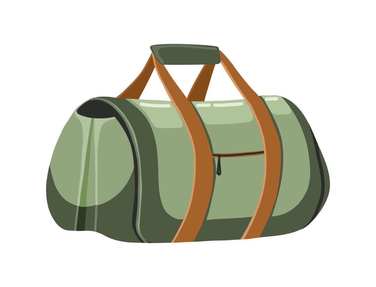 Flat illustration of a green sports bag with handles and zipper, hand drawn in a cartoon style. Isolated on a white background, perfect for fitness, gym, or travel themes vector