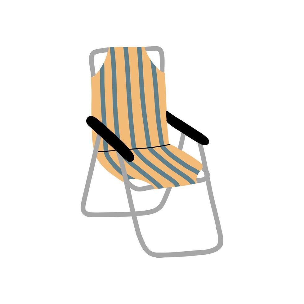 Flat illustration of a hand-drawn folding camping chair with a backrest. Isolated on a white background. Ideal for outdoor activities, hiking, picnic, and travel design projects. vector