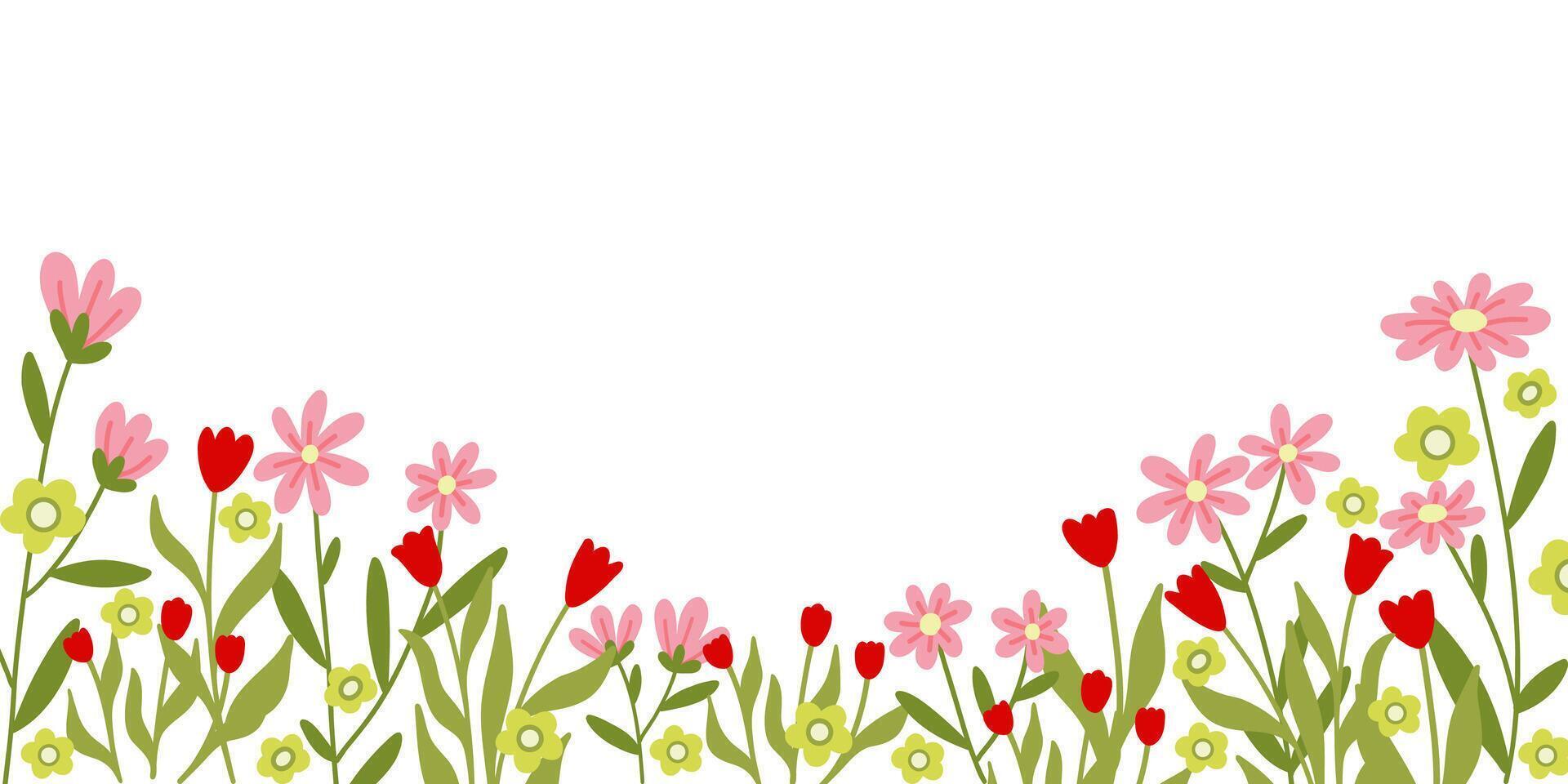 Horizontal backdrop with simple pink and red flowers on white. vector