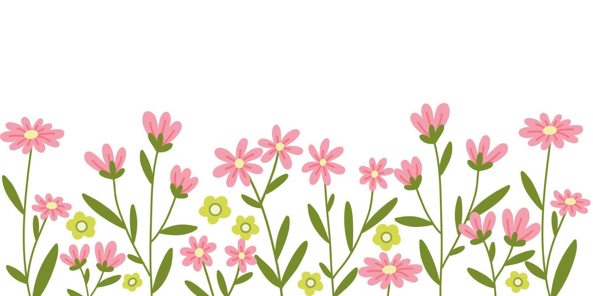 Horizontal backdrop with simple abstract pink flowers on white vector