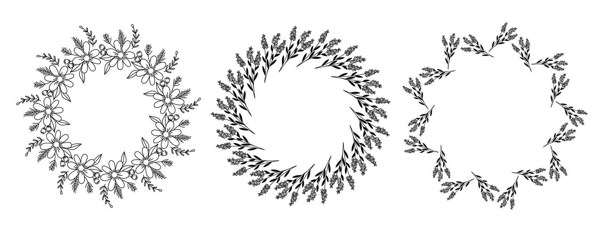 Set of Wreath of Doodle Branches and Flowers vector