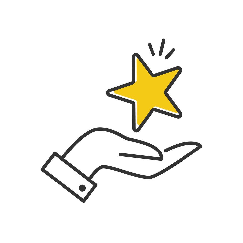 Outline yellow star on the palm hand icon simple flat style. vector