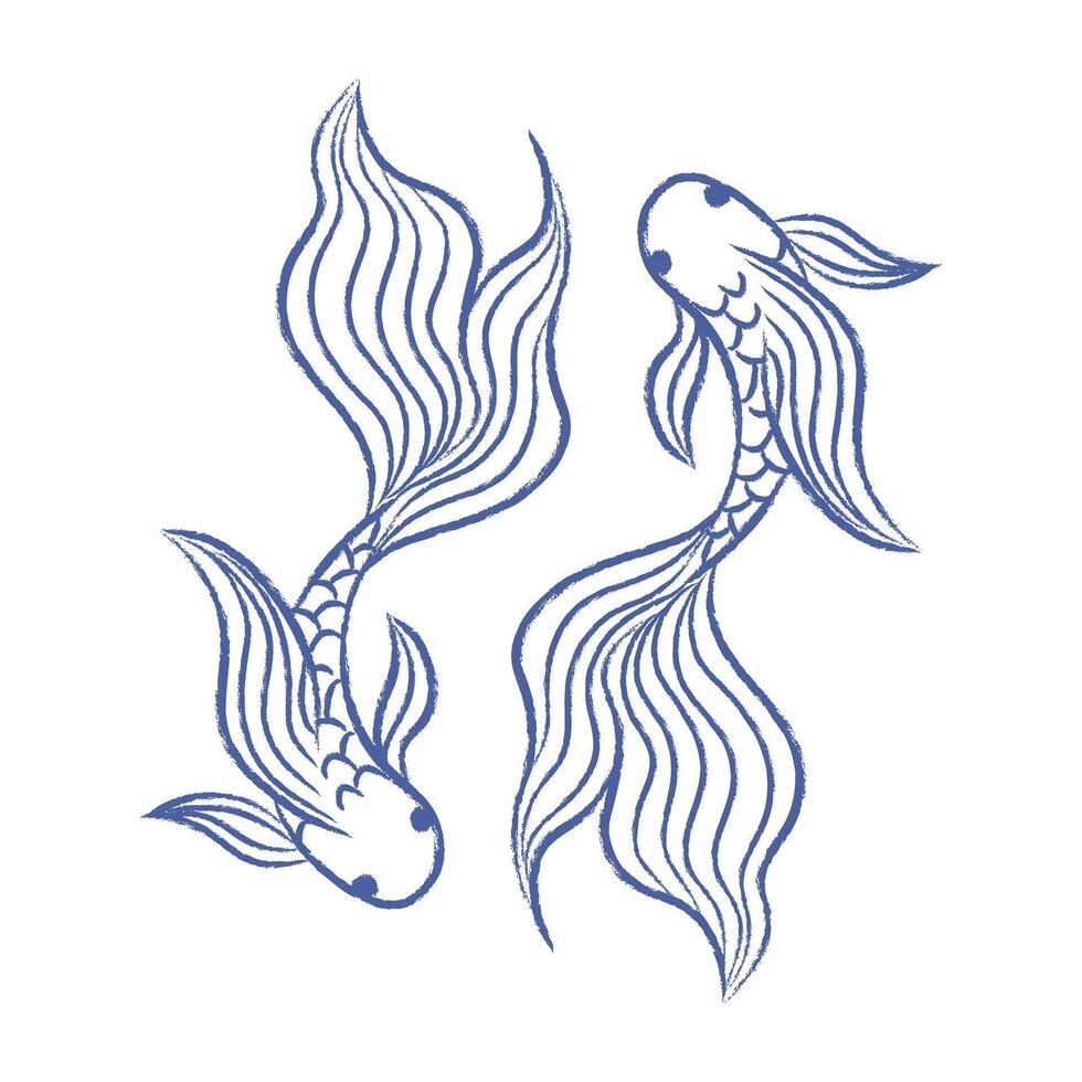 Beautiful fish . Doodle of a pair of fish with a long big tail. Texture of pencil, chalk. isolated element vector