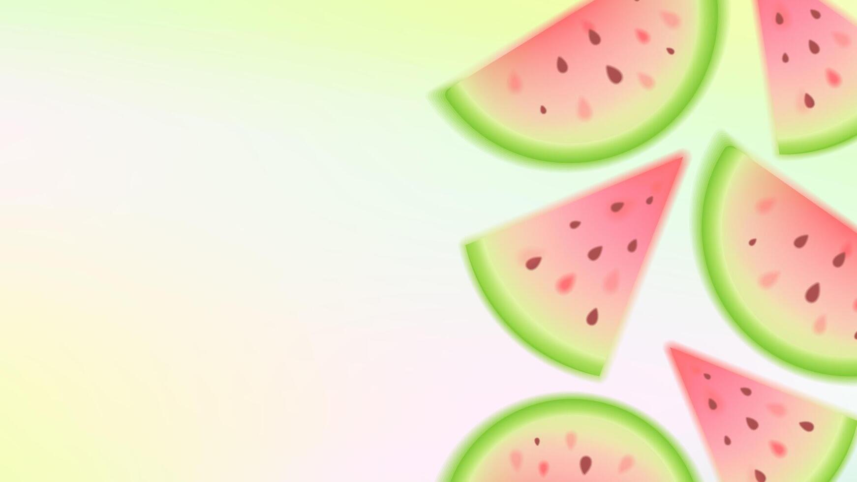 Background for text with watermelons. Summer juicy fruits, soft meshes gradient. Falling watermelon slices, glowing fruits vector