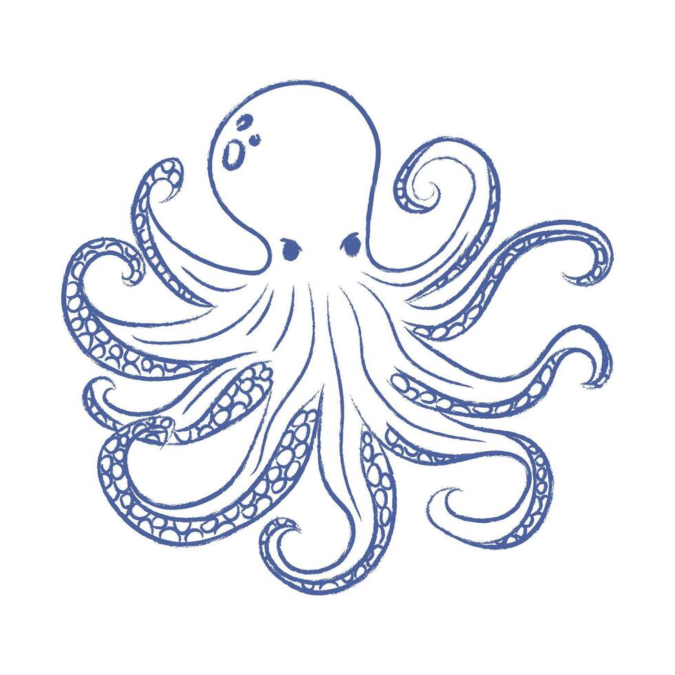 Octopus . Doodle of sea octopus with tentacles with pencil, chalk texture. isolated element vector