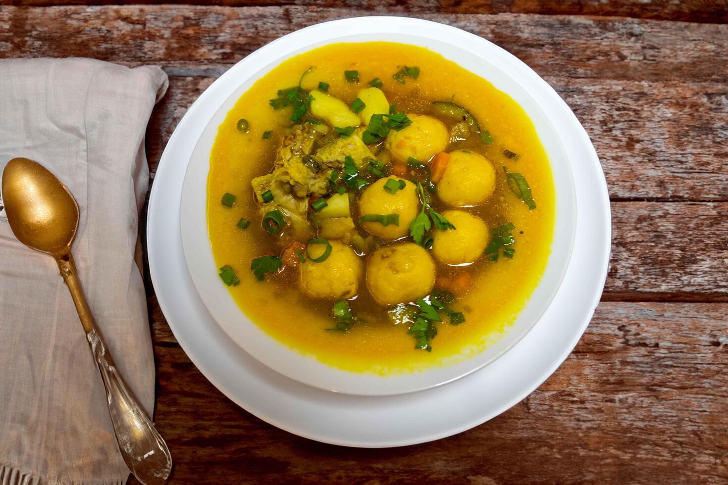 The iconic and traditional Paraguayan soup known as vori-vori or bori-bori, is the best soup in the world. Special soup for cold winter nights. top view perfect photo