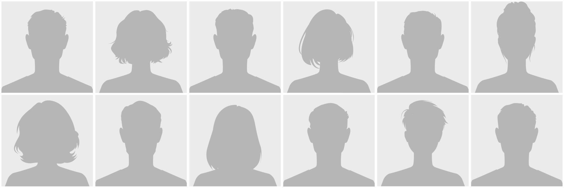Set of twelve silhouette profile avatar defoult photo placeholder, male and female, in uniform minimalist grey tones. Ideal for graphics or anonymous user interfaces, featuring diverse hairstyles. vector