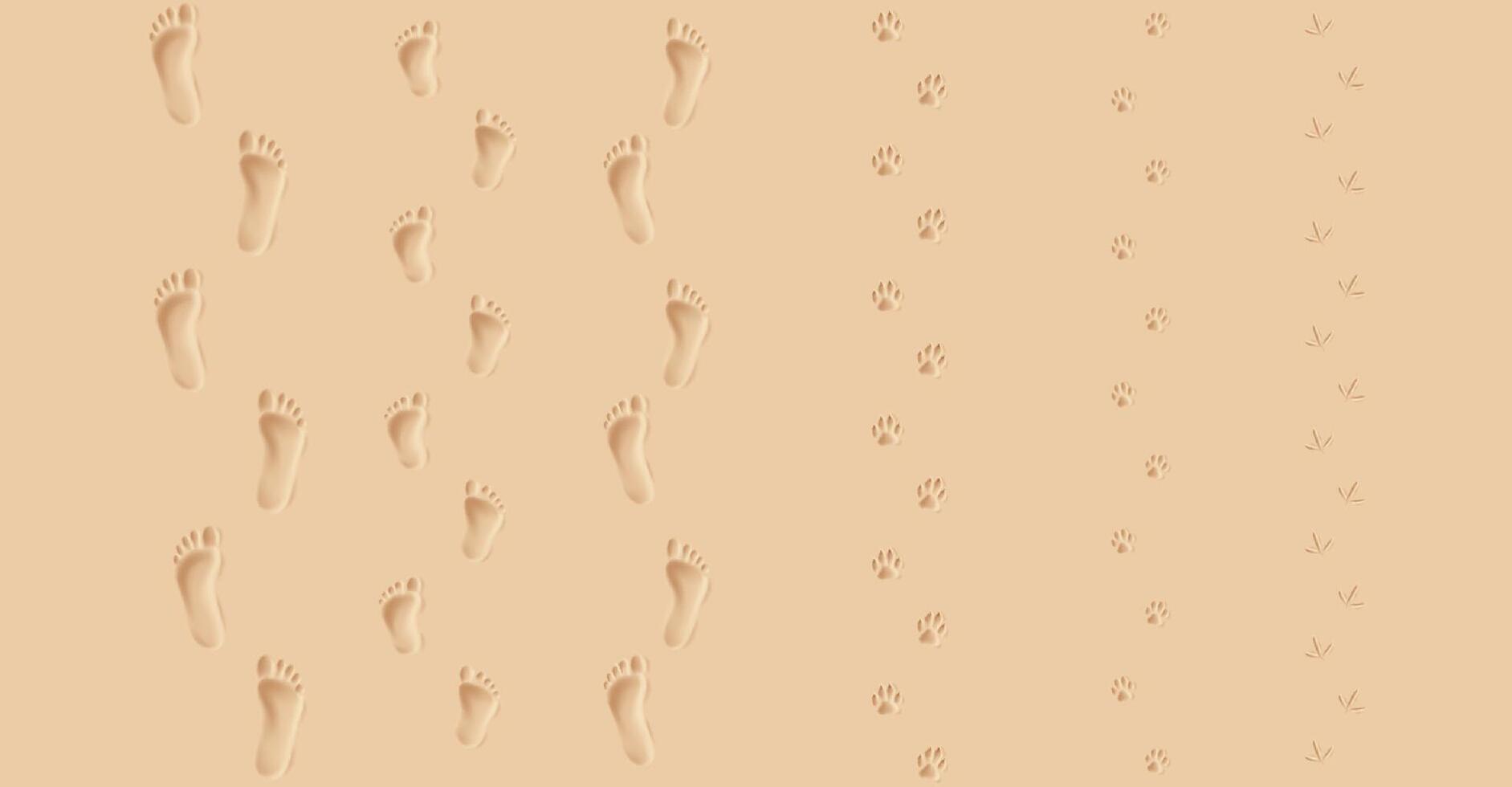 Illustration of human and animal footprints on a sandy background. The image uses soft beige hues depicting a serene and natural scene, symbolic of nature and wildlife. vector