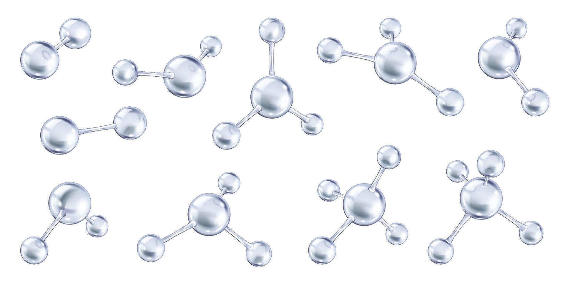 Realistic silver collagen molecules realistic color icons set. Biochemistry healthcare and beauty product 3d objects bundle on white background vector