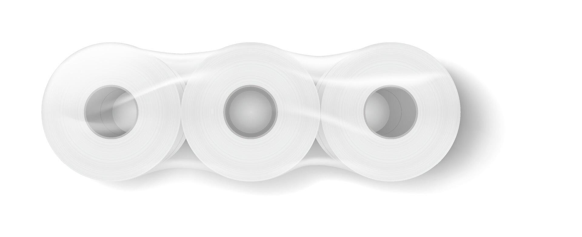 illustration of three toilet paper rolls in clear packaging. Crisp white design contrasts with simple background, highlighting everyday use item for hygiene. vector