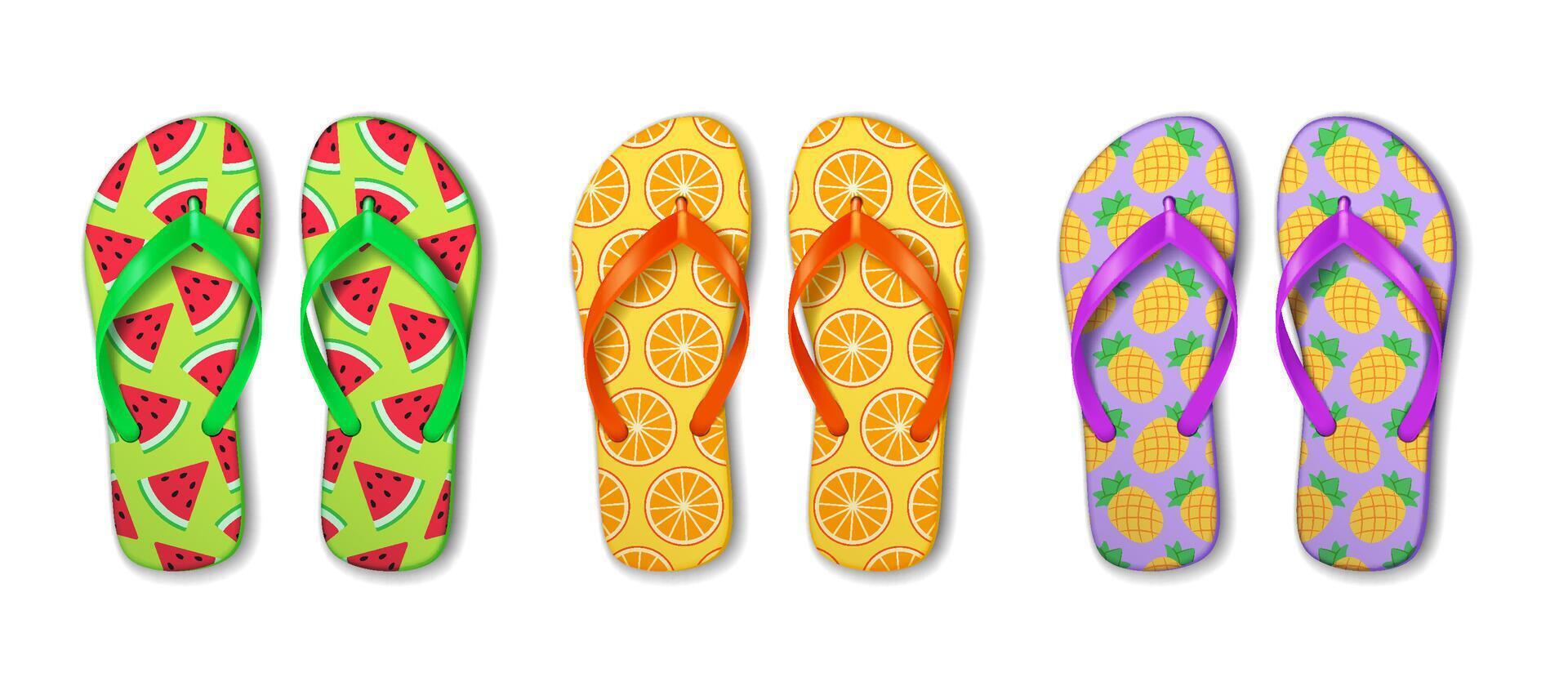 Vibrant flipflops featuring watermelon, orange, and pineapple patterns. Playful and colorful design perfect for casual summer outings and beach trips. vector