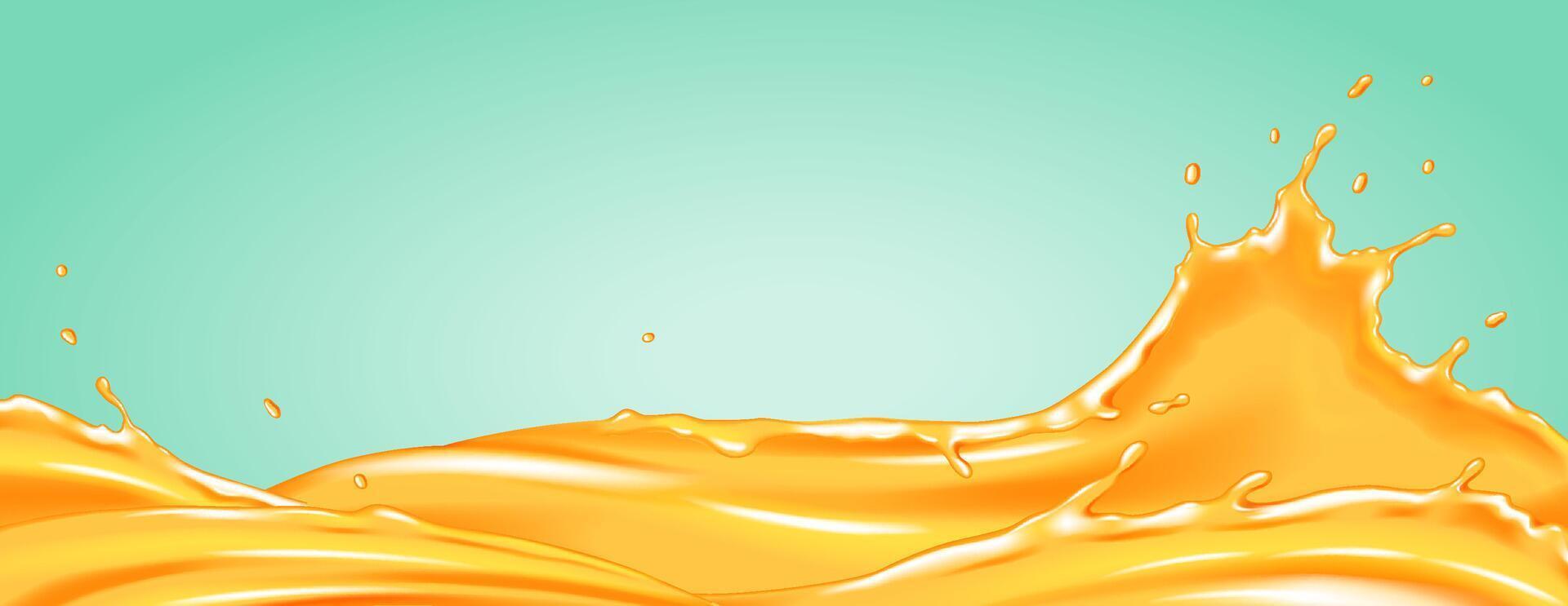 Illustration of dynamic orange liquid splashing with energy against a soft turquoise backdrop. Vivid colors highlight the fluid motion and create a lively visual. vector