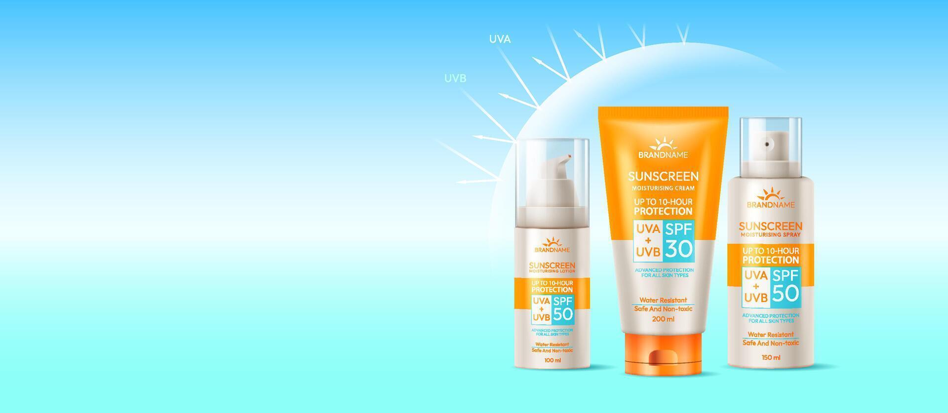 Illustration of three sunscreen bottles with SPF ratings displayed. Set against a vibrant blue sky with sun rays labeled UVA and UVB. Promotes sun protection. vector