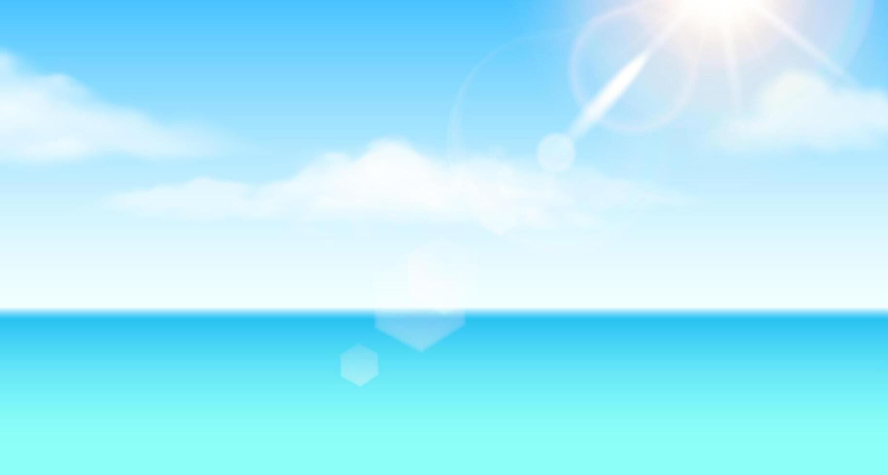 Digital illustration of a tranquil ocean under a clear sky. Bright sun shines with flares in soft blue and white tones. Ideal for backgrounds or vacation themes. vector