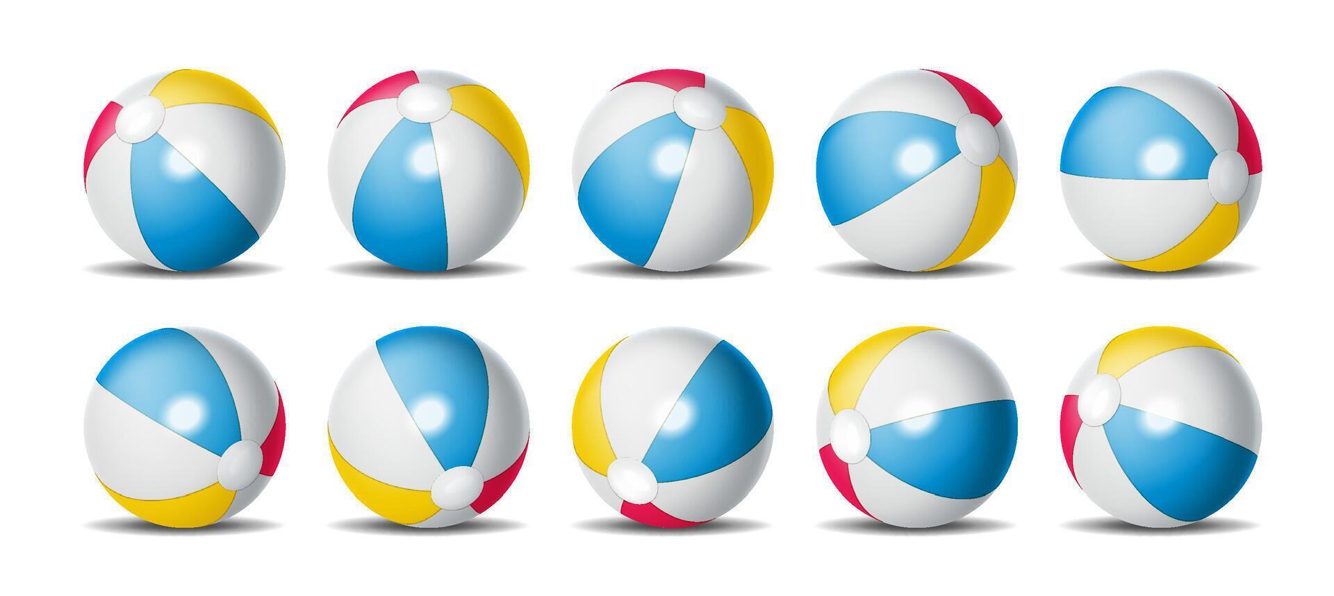 Collection of ten vibrant inflatable beach balls with red, yellow, and blue segments on white background. Ideal for summer and beach themes with playful atmosphere. Bright color scheme. vector
