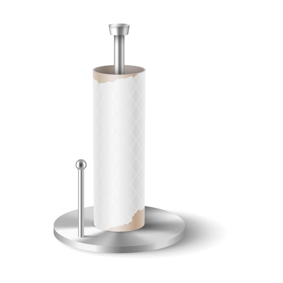 Elegant paper towel holder in realistic style. Features stainless steel finish and simple design. Perfect for kitchens or bathrooms. Isolated on a white background. vector