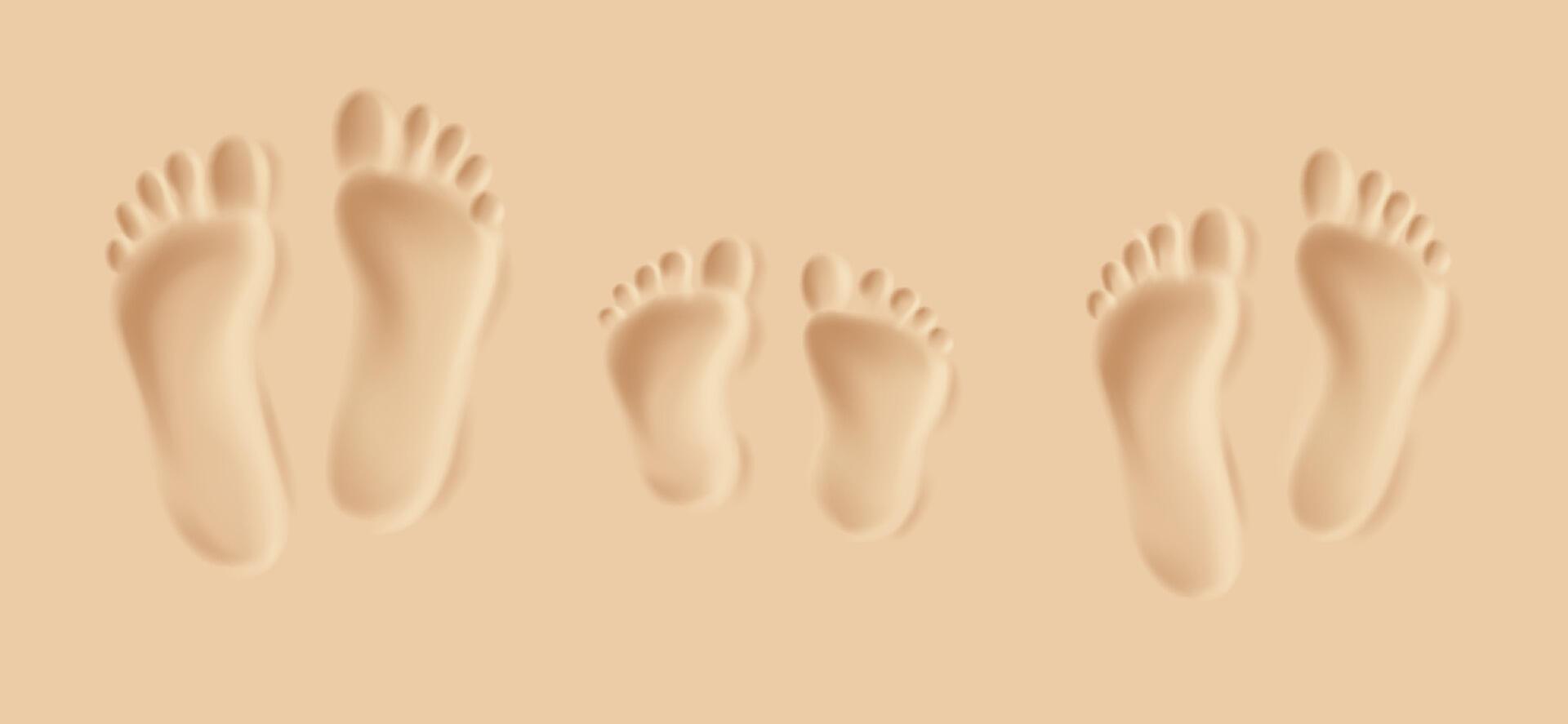 Illustration of family footprints in soft sand. Light brown tones create a warm and serene atmosphere. Footprints of father, child, mother. Perfect for family themes and vacation concepts. vector
