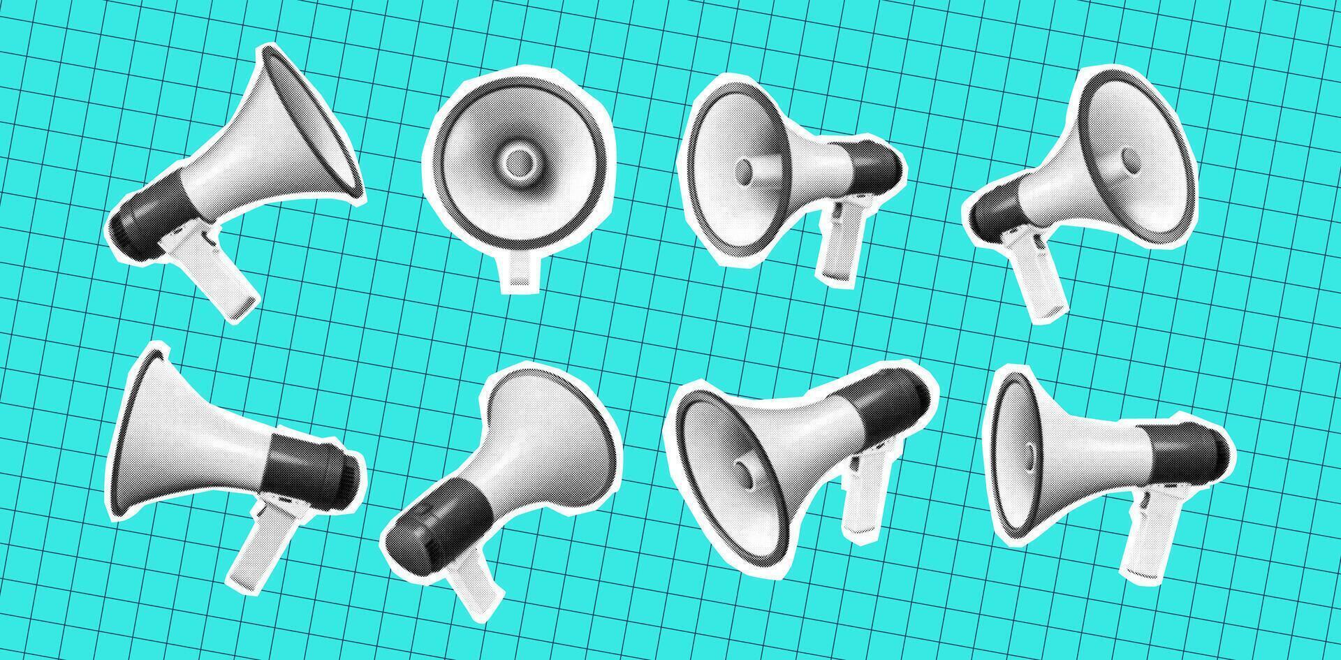 Illustration of multiple megaphones in black and white style. Set on a vibrant blue grid background. Represents communication and amplification. Modern pop art design. vector