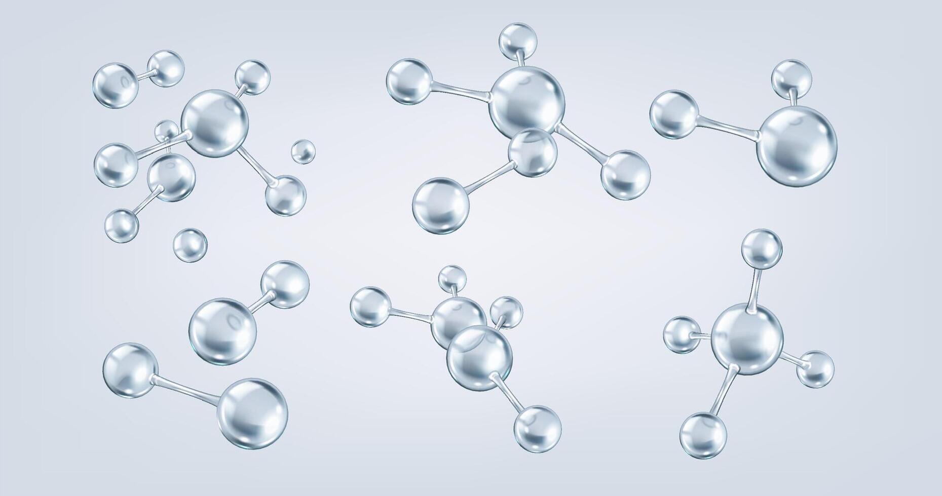 Interconnected silver collagen molecules realistic color icons set. Intricate network of tissue structure 3d objects bundle on grey background vector