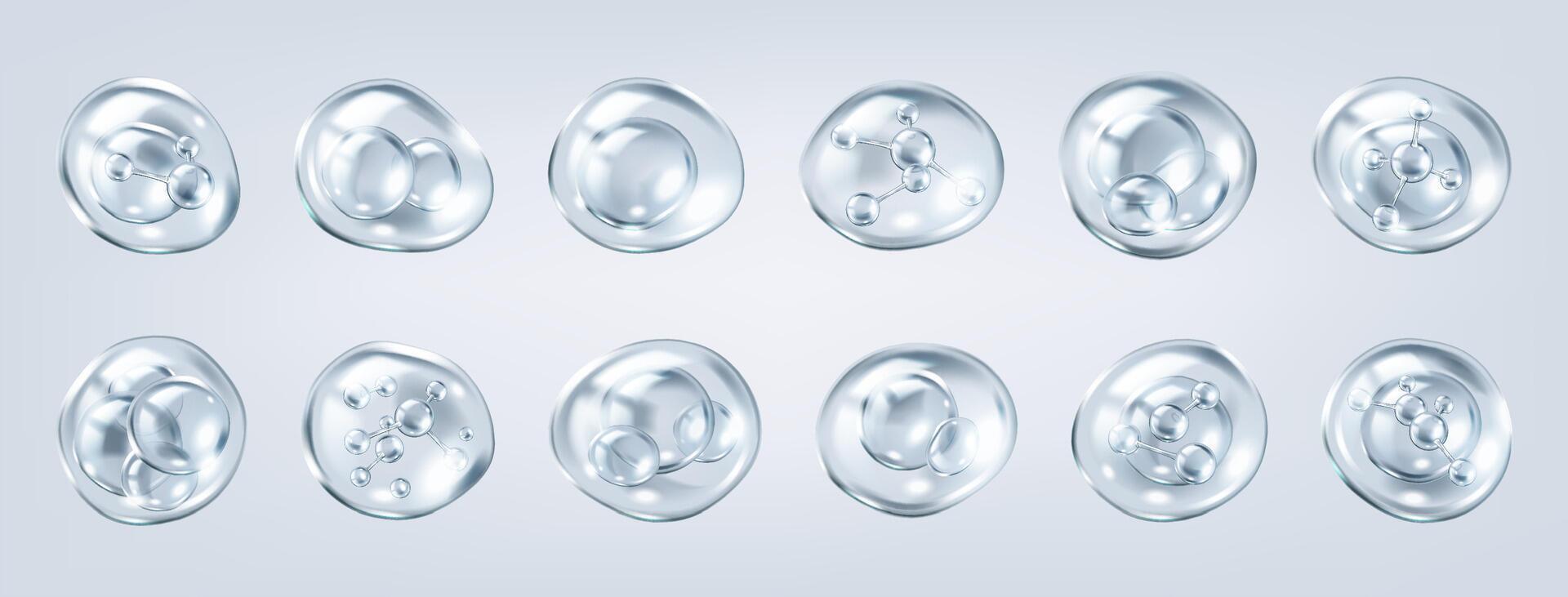 Collagen molecules floating inside bubbles realistic color icons set. Scientific cosmetic research of 3d objects bundle on grey vector