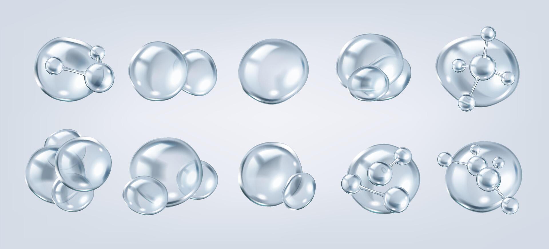 bubbles featuring collagen molecules realistic color icons set. Cosmetics skincare and anti-aging 3d objects bundle on grey vector