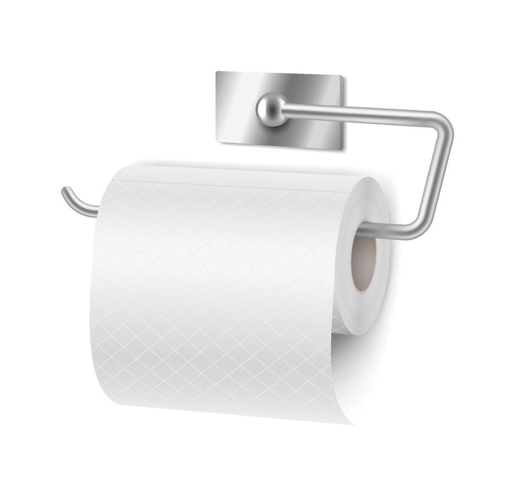 Realistic illustration of a toilet paper roll on a metallic holder. The clean white paper contrasts with the shiny silver metal. Ideal for bathroom design and decoration resources. vector