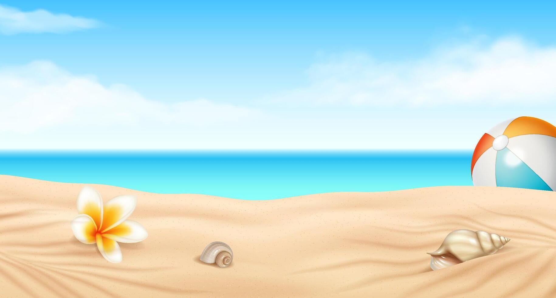 Digital illustration of a tranquil beach scene with a vibrant flower, shells, and a beach ball. Soft sand, blue sky, and ocean create a peaceful summer backdrop. vector