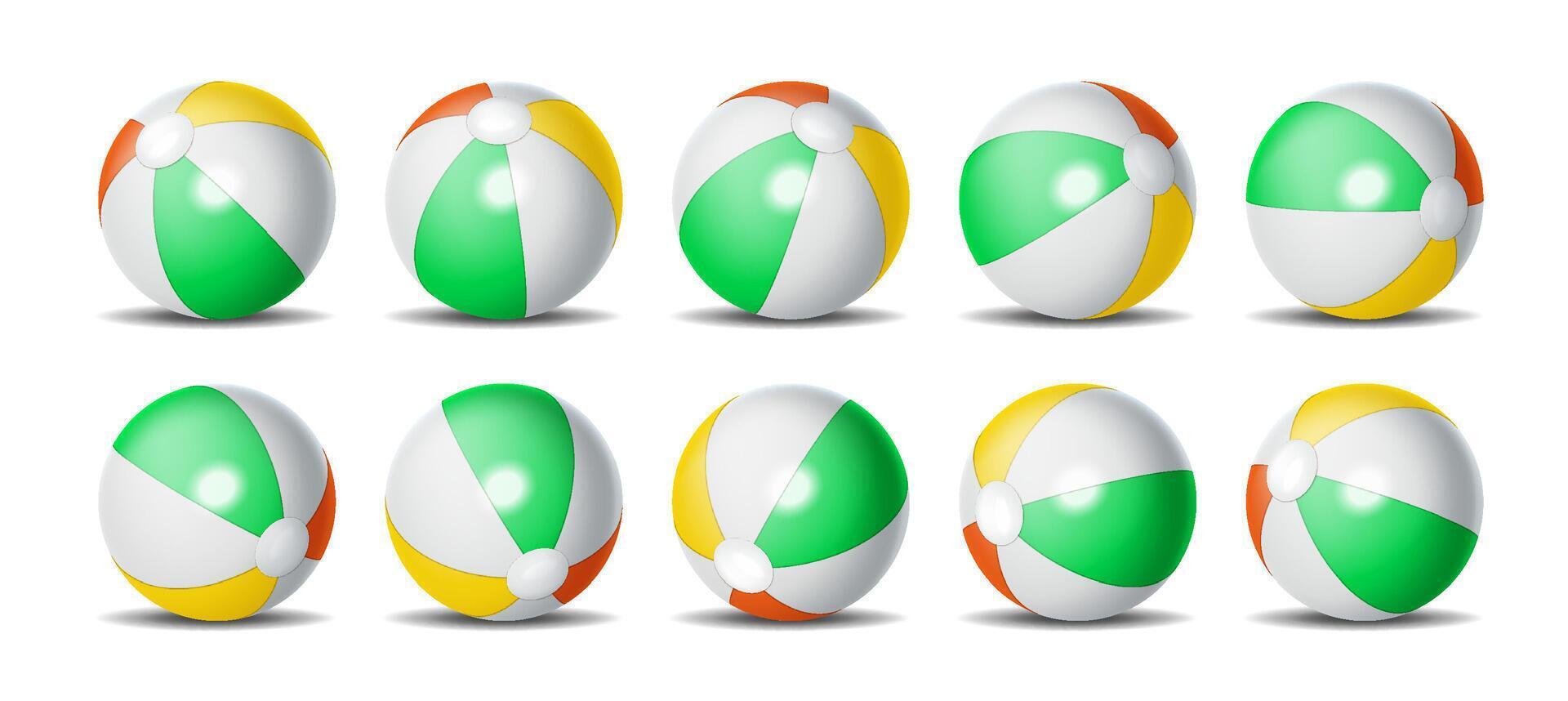 Illustration of multiple colorful beach balls with striped patterns in green, yellow, and orange colors isolated on a white background. Perfect for summer and vacation themes. vector