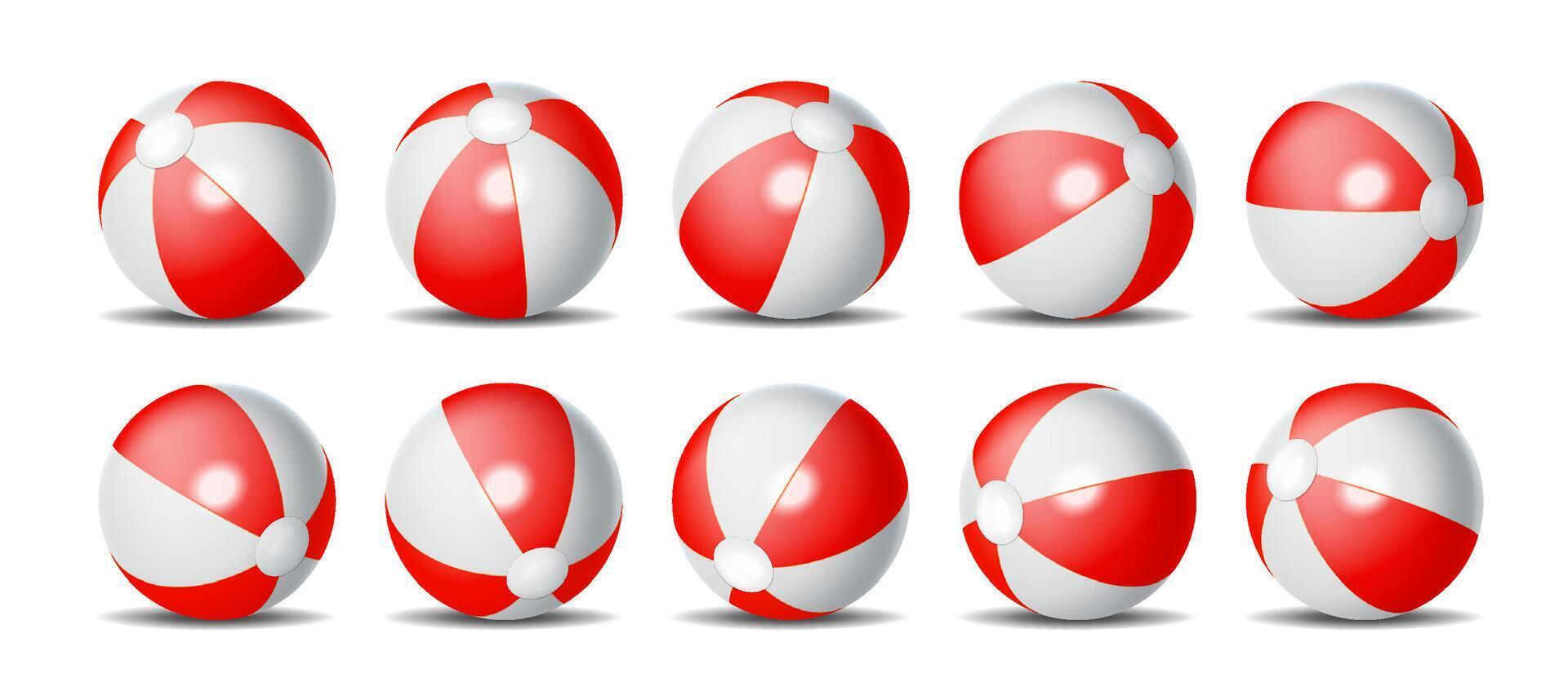 Illustration of ten red and white beach balls with shiny surface arranged in rows. Bright and playful design for summer themes and event decoration on plain backdrop. vector