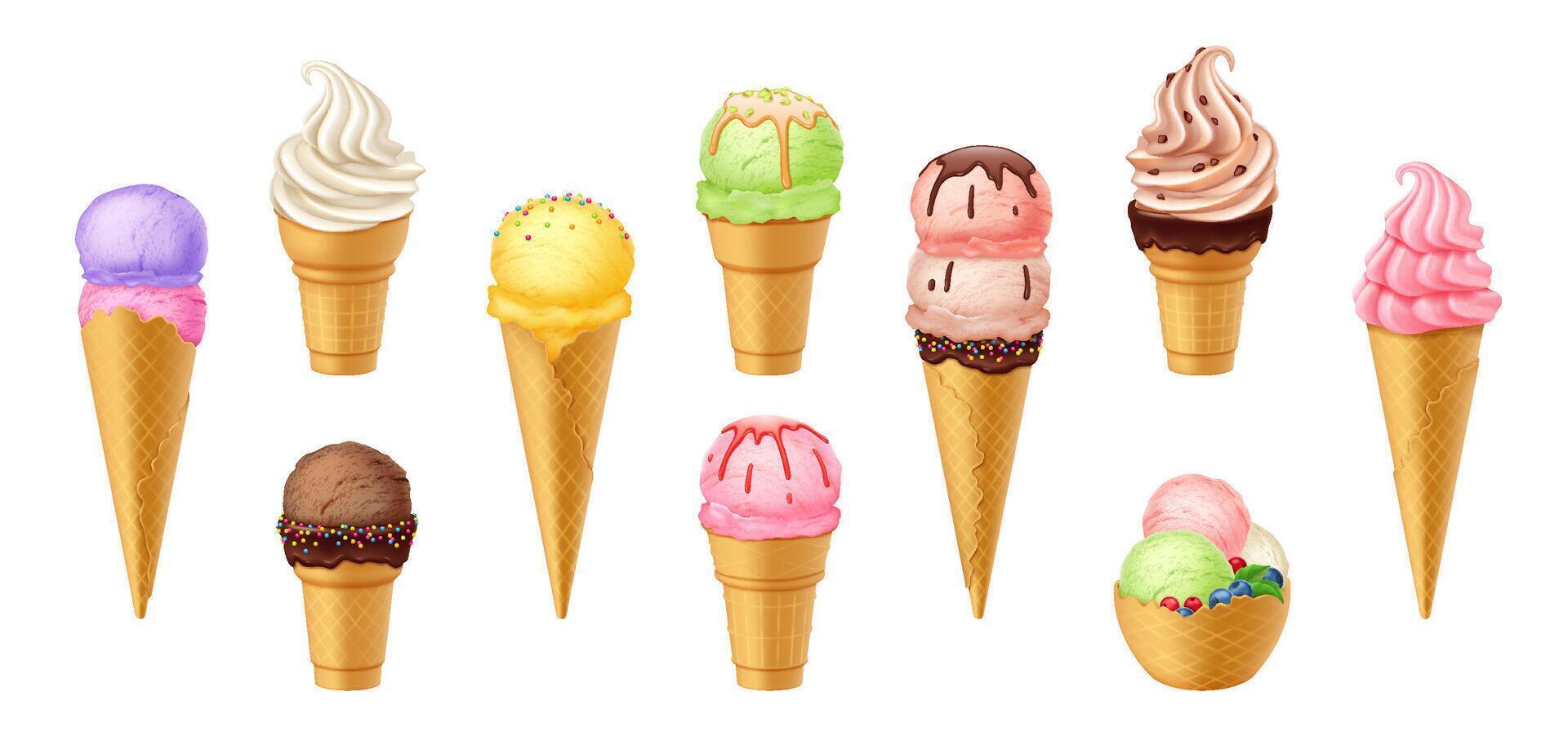 Collection of various ice cream cones and bowls. Bright and colorful scoops with toppings create a joyful summer vibe. Perfect for dessert themes and party invitations. vector