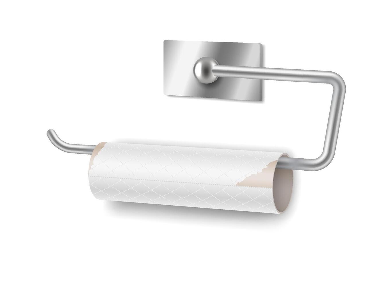Realistic illustration of empty toilet paper roll on metallic holder. White and silver colors. Common bathroom problem for household or commercial settings. vector