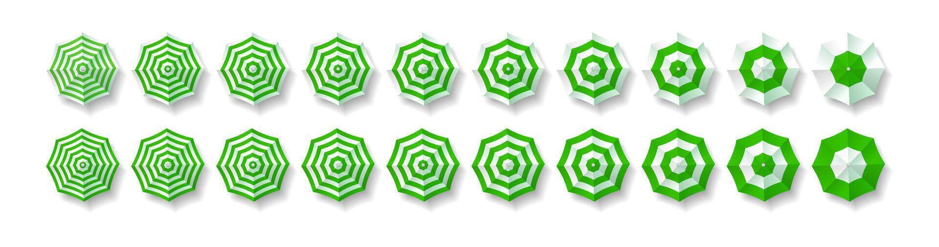 Top view illustration series of green and white umbrellas in various geometric patterns. Modern minimalistic style suitable for summer themes or design backgrounds. vector