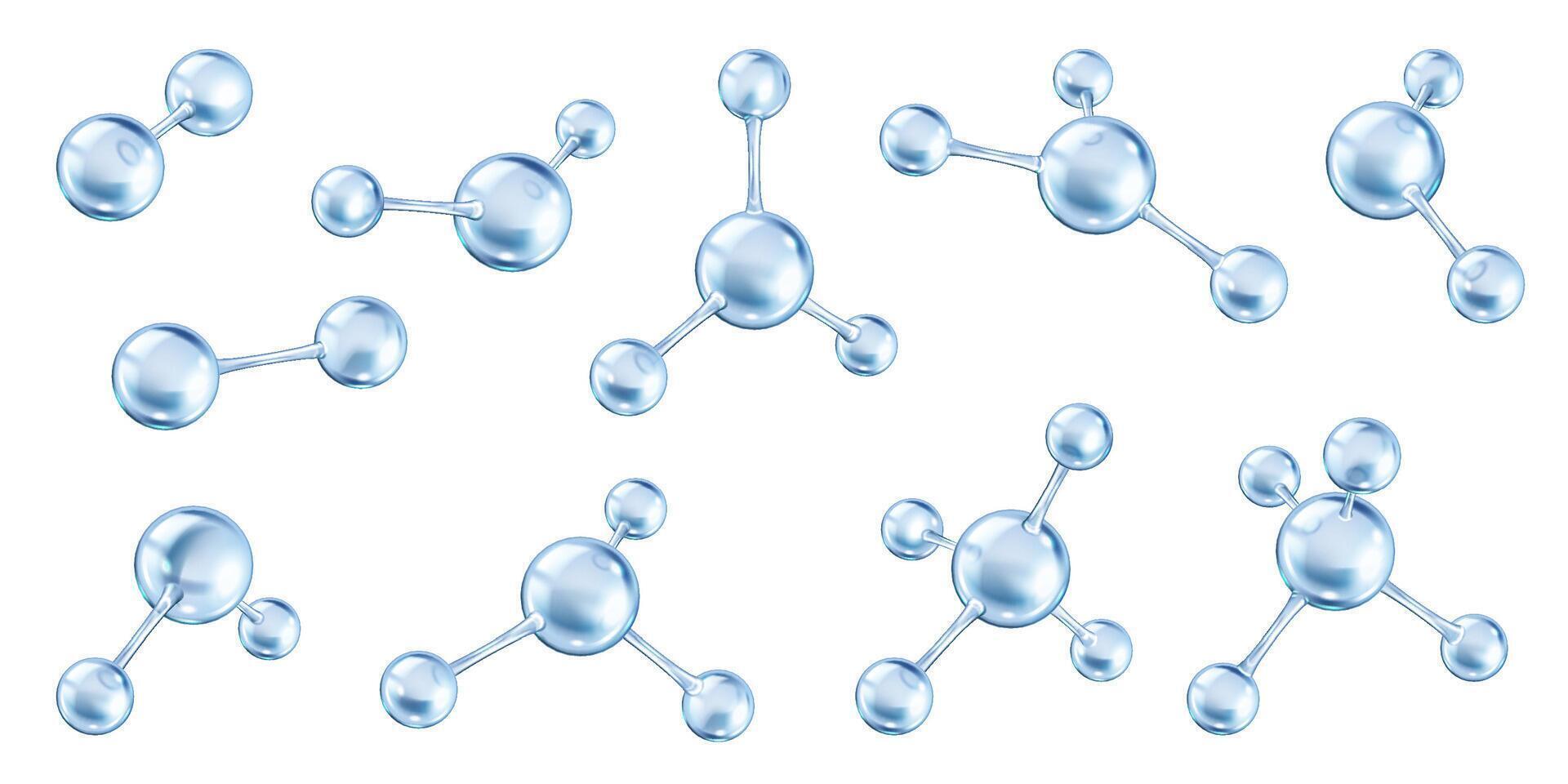 Multiple collagen molecules connecting realistic color icons set. Network of bonds and complex structures 3d objects bundle on white background vector