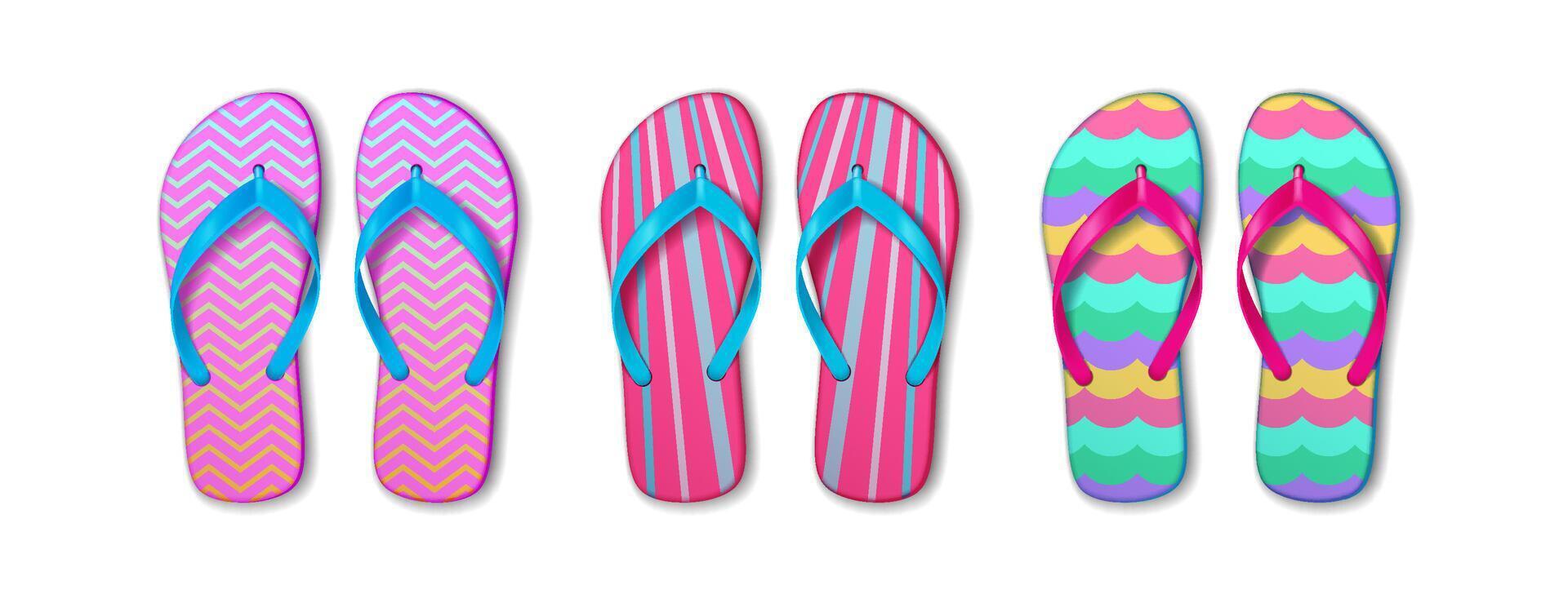 Set of three pairs of flip flops in cheerful patterns and bright colors. Each pair features unique designs, ideal for summer beachwear and relaxation. vector
