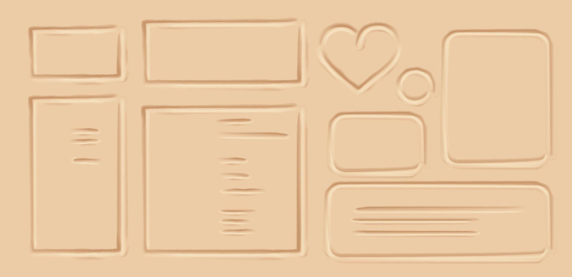 Minimalistic illustration of geometric borders, shapes imprinted in sand. Neutral beige tones create a clean design. Perfect for backgrounds or design inspirations. vector
