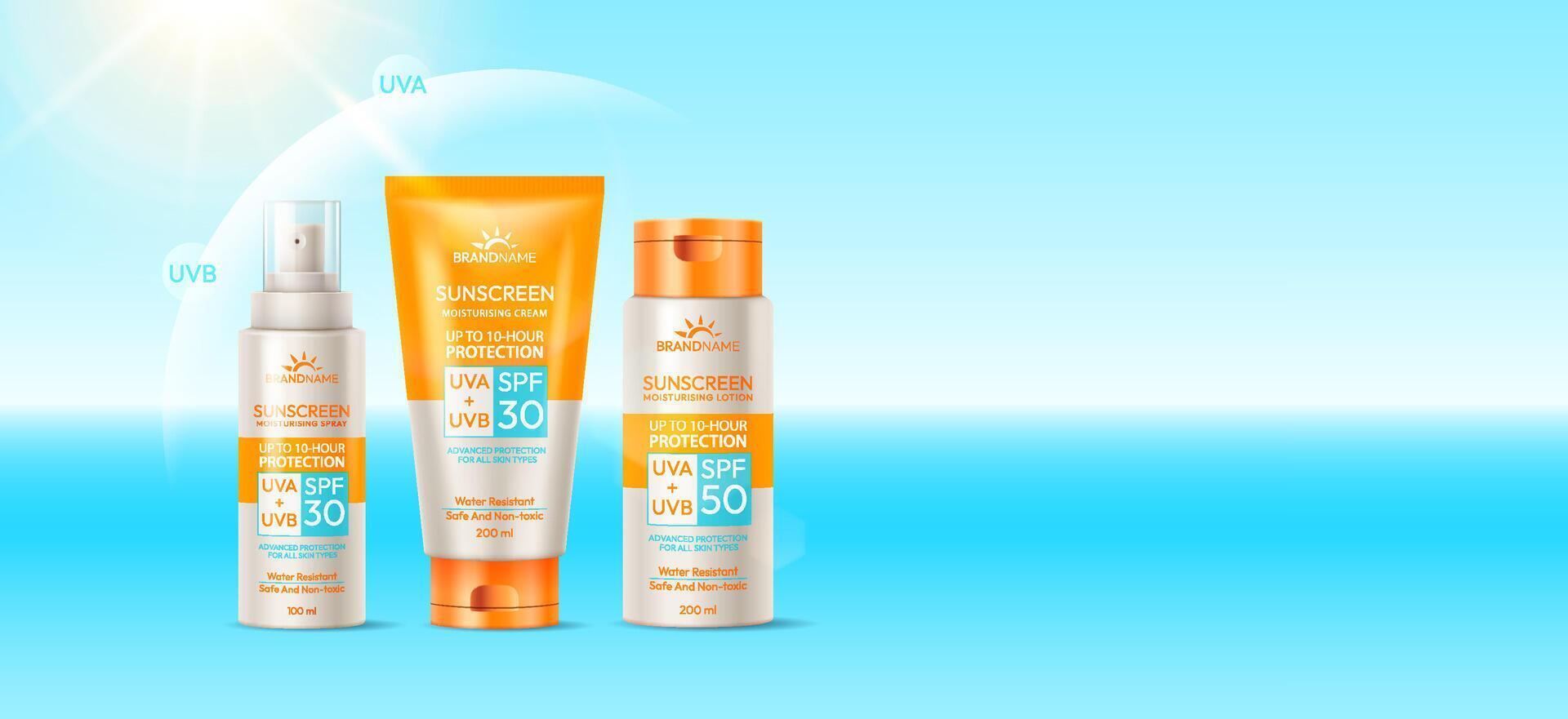 Sunscreen bottles in vibrant orange and white. Showcasing SPF protection against UVA and UVB. Designed for skincare and safety. Bright blue background symbolizes sunny weather. vector