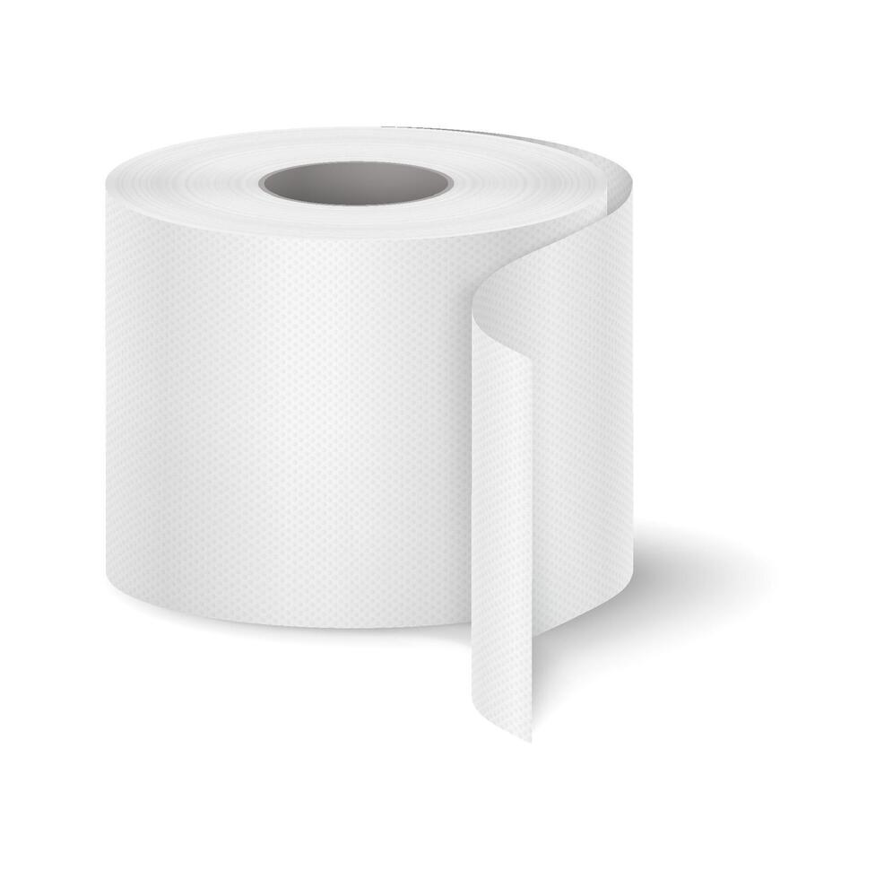 Realistic illustration of a toilet paper roll with a soft shadow on white background. The white paper displays subtle texture, ideal for hygiene and bathroom products. vector