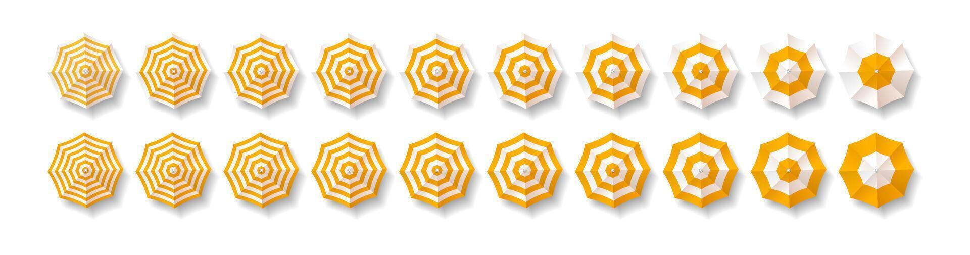 Collection of yellow and white striped beach umbrellas viewed from above. Dynamic geometric pattern evokes summer vibes. Ideal for beachrelated themes and vacation promotions. vector