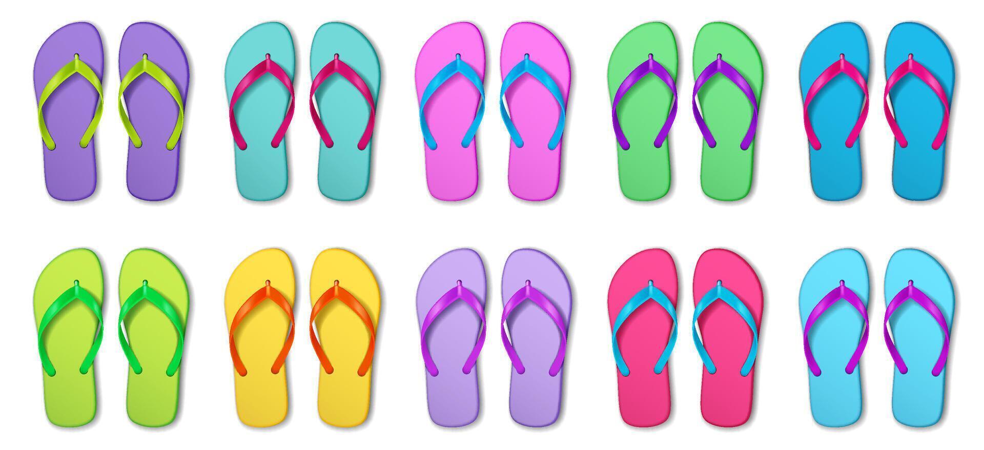 Collection of bright flipflops in various colors, arranged in a pattern. Perfect for summer themes and beachrelated designs. Eyecatching and playful. vector